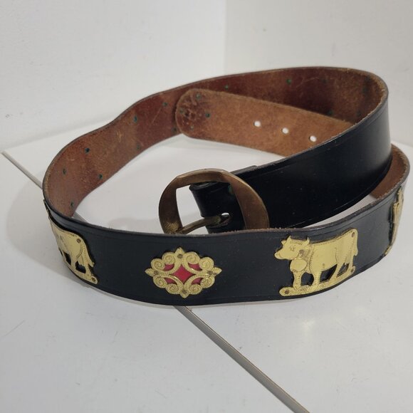 Vintage Arts and Crafts German Leather Belt with Brass Decoration - Picture 1 of 3